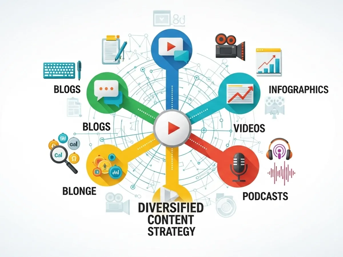 Infographic representing a diversified content strategy, encompassing blogs, videos, podcasts, infographics, and other content types, emphasizing the importance of a comprehensive approach to content marketing and SEO to drive organic traffic.