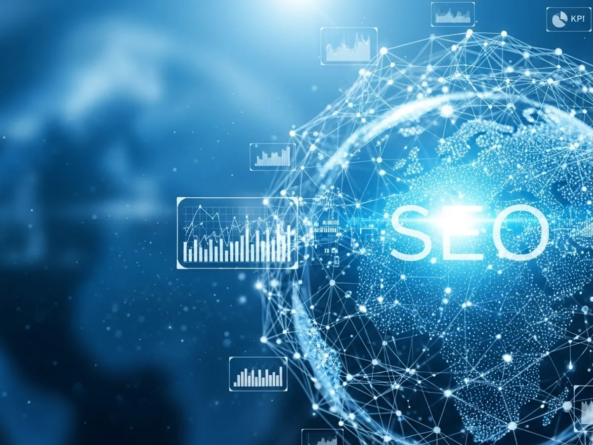 Global SEO network with data charts, representing search engine optimisation strategies to improve website traffic and content marketing results.