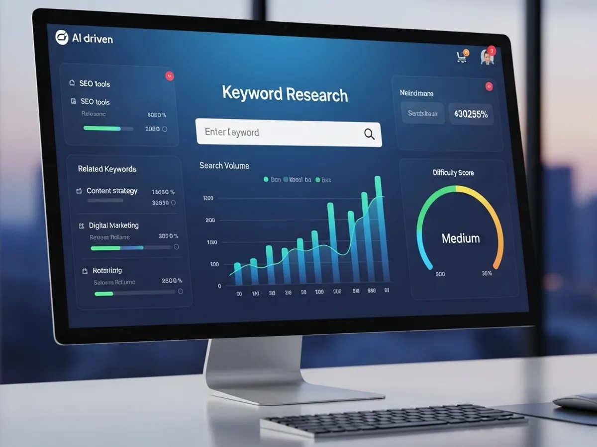 AI-driven keyword research tool on a computer screen, showing search volume and difficulty score for SEO content strategy and blog content creation.