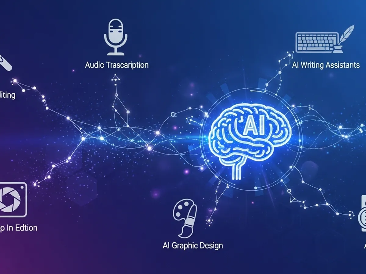AI brain surrounded by icons for AI writing assistants, audio transcription, AI graphic design, and other content creation tools, showcasing AI's role in content marketing.