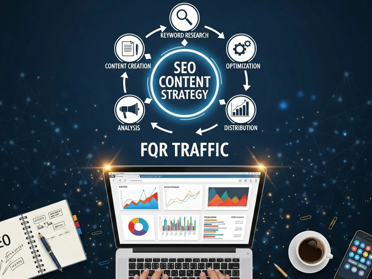 SEO content strategy for traffic diagram on a laptop, illustrating content creation, analysis, optimisation, and distribution for increasing website traffic.