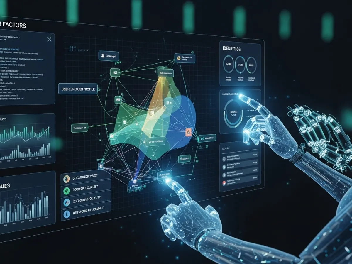 Robotic hands interacting with a data visualisation interface, highlighting the use of AI tools for analysing ranking factors, keyword relevance, and content quality in SEO.