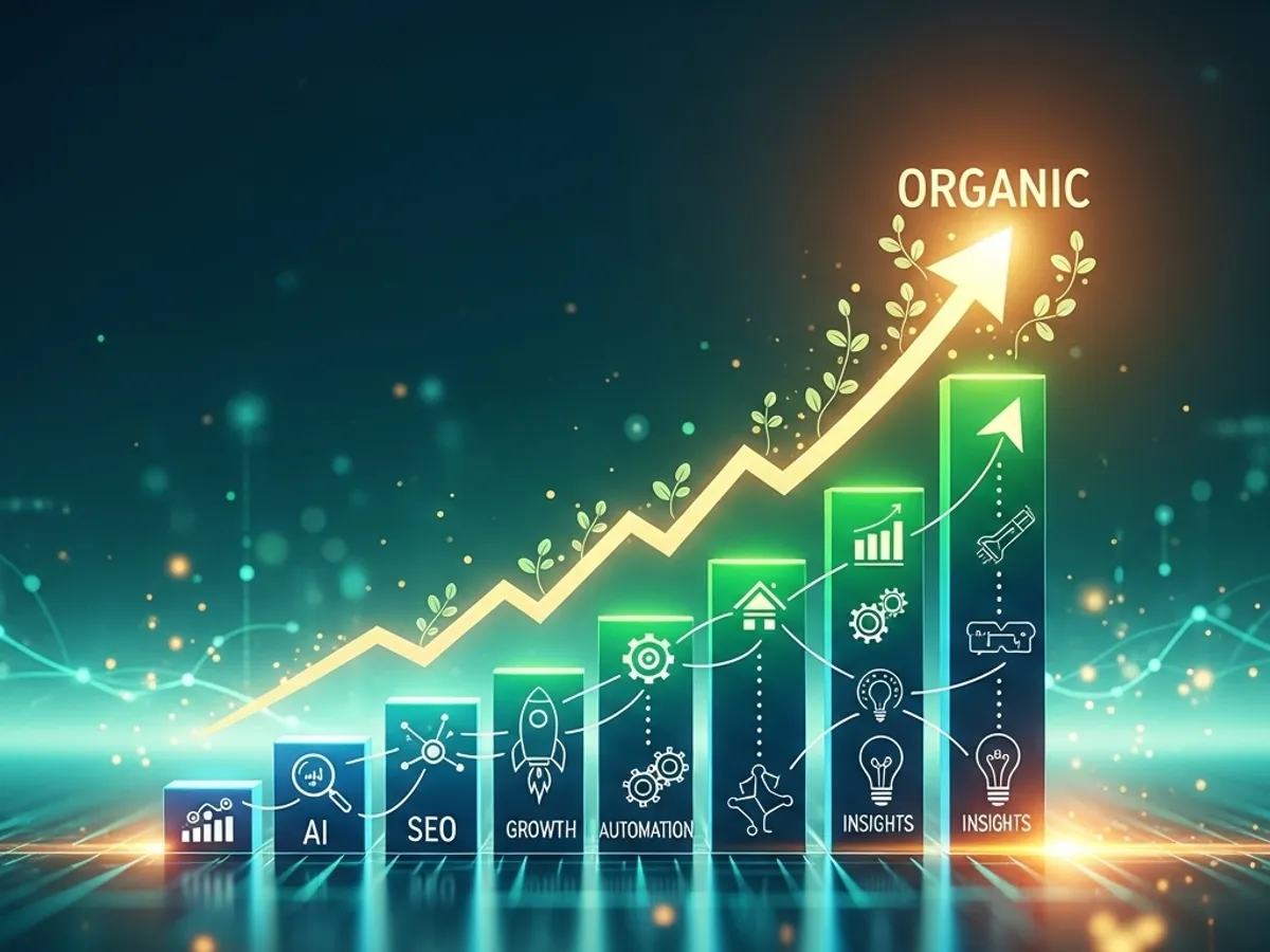 Organic growth chart with AI, SEO, and insights icons, depicting the increase in organic traffic through AI-powered content marketing and search engine optimisation.