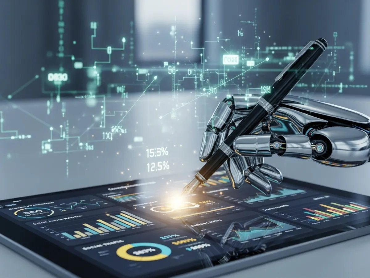 Robotic hand writing on a tablet displaying SEO data, illustrating AI content writing and its impact on website traffic and content marketing strategies.