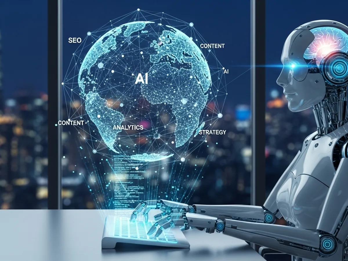 AI robot using a keyboard in front of a holographic globe with SEO, content, strategy, and analytics labels, illustrating the use of AI in content marketing and search engine optimisation.