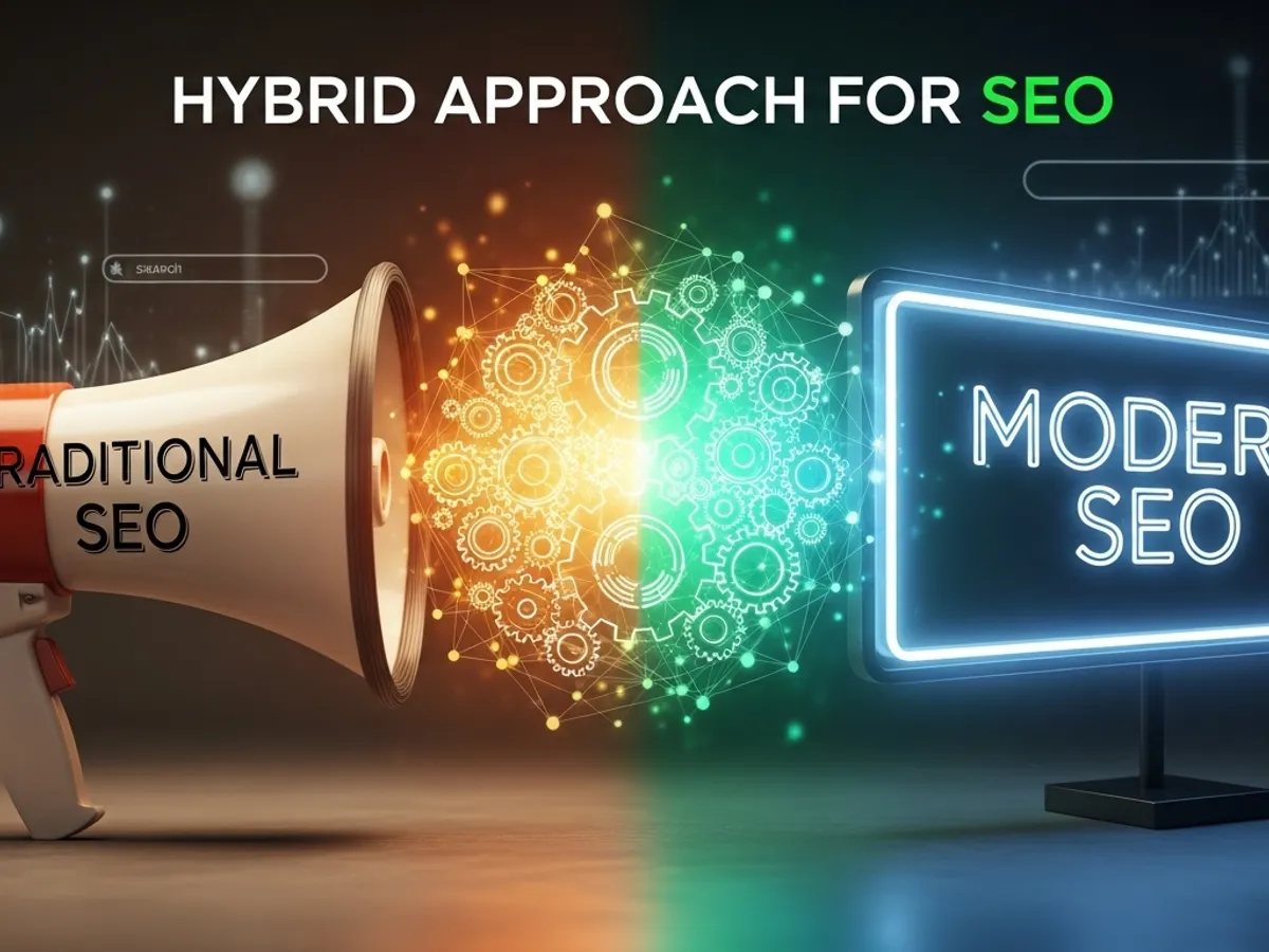 Hybrid approach for SEO, contrasting traditional SEO methods with modern SEO techniques, highlighting the integration of AI tools for content marketing and organic traffic growth.