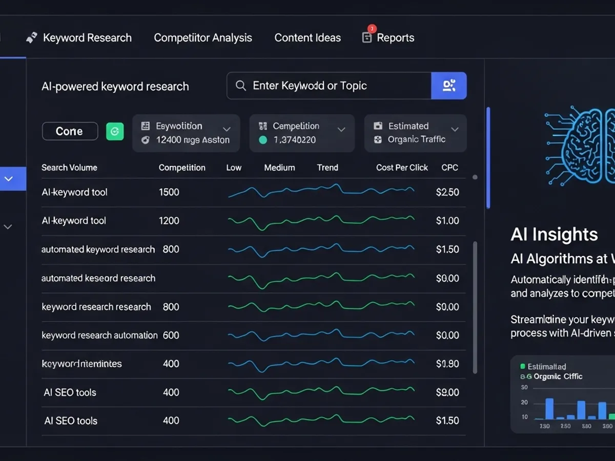 Screenshot of an AI-powered writing tool interface, showcasing keyword research capabilities, including search volume, competition analysis, and estimated organic traffic, helpful for LLM SEO and generative engine optimization.