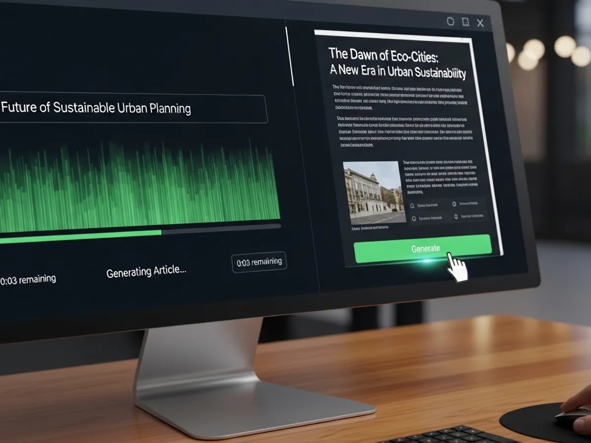 Screenshot of an AI writing tool generating an article on sustainable urban planning, highlighting its ability to create SEO-friendly content and improve search rankings through AI-powered writing.
