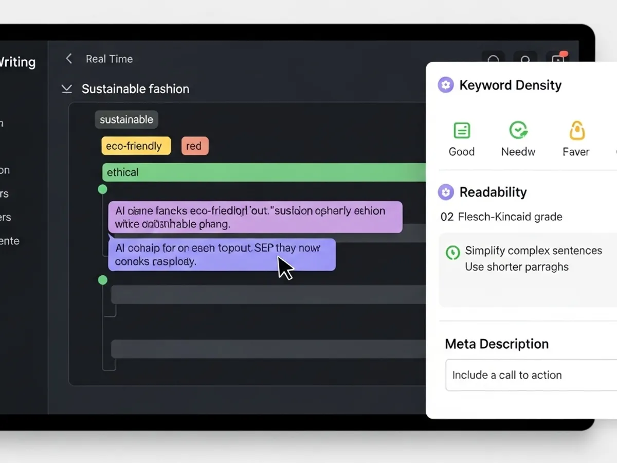 Screenshot of an AI writing tool with real-time suggestions for keyword density and readability, aiding in SEO for AI content and ensuring effective AI writing for SEO.