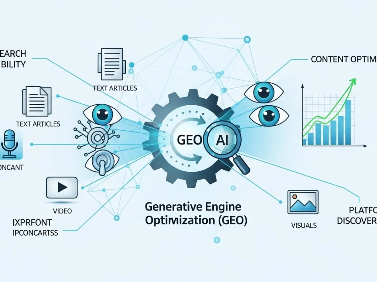 Infographic illustrating Generative Engine Optimization (GEO) with AI, showing how AI writing tools can improve search visibility, content optimization, and platform discovery, ultimately driving SEO for AI.