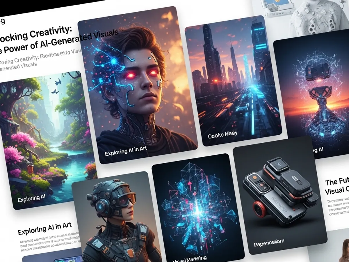 Collage of AI-generated visuals, showcasing the power of AI content creation for generating unique images, which enhances blog writing with AI and elevates SEO for AI through compelling visuals.