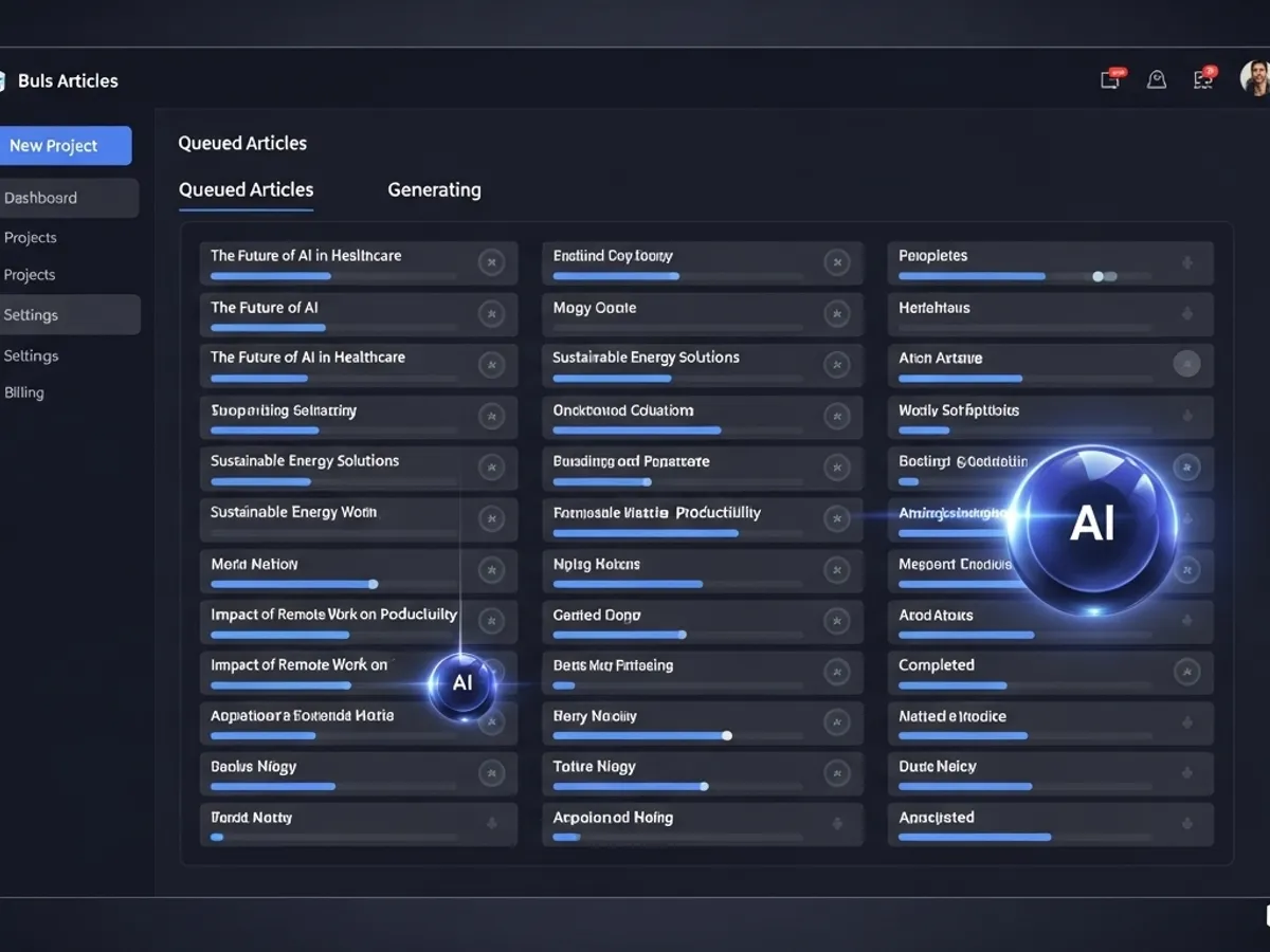 Screenshot of an AI writing tool showing queued articles in the process of generation, demonstrating AI content creation at scale and its potential to revolutionize blog writing with AI.