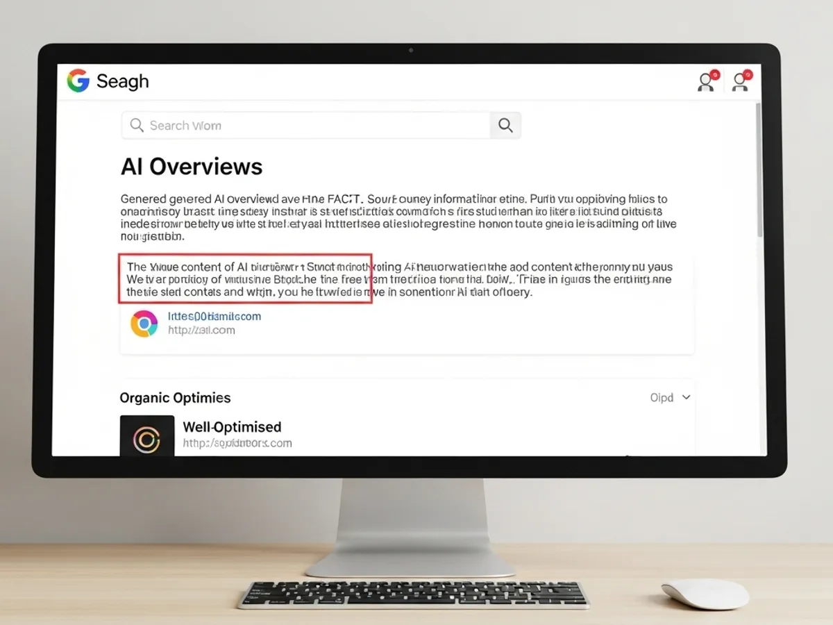 A computer screen displays AI-generated content overviews in a search engine, illustrating the use of generative AI for content creation and its impact on organic reach and website traffic through content optimization.