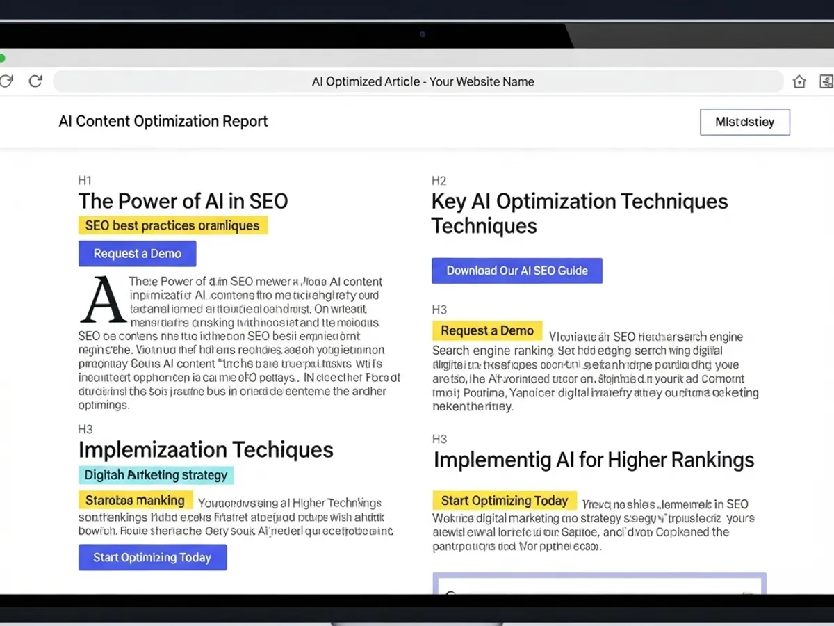 A laptop screen displays an AI-optimized article, emphasizing the power of AI in SEO through content optimization techniques and strategies for higher rankings and improved search engine optimization.
