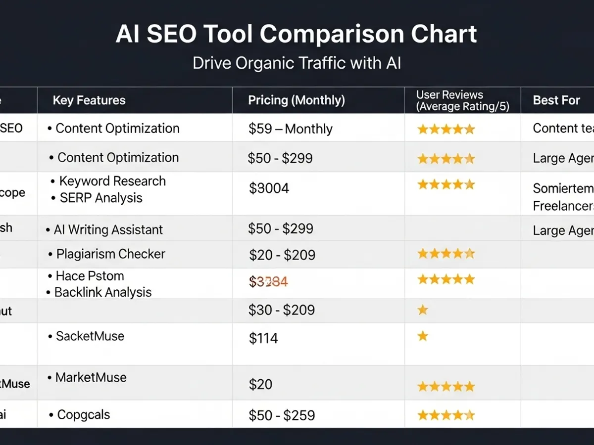 AI SEO Tool Comparison Chart displays a matrix of various AI SEO tools and their features like Content Optimization, Keyword Research, and AI Writing Assistant, alongside pricing and user reviews, assisting users in choosing the best AI tools for SEO.