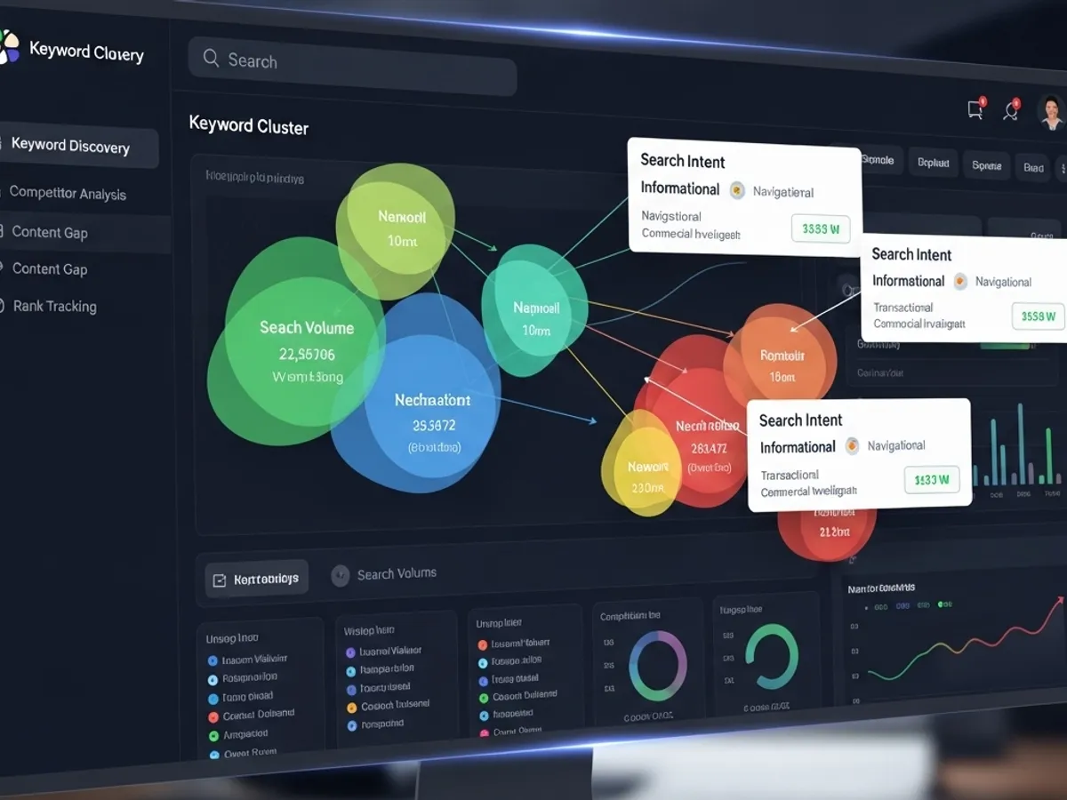 Screenshot of a keyword clustering tool, visualizing keyword discovery, search volume, and competitor analysis for content strategy, utilizing AI tools for SEO to enhance organic traffic growth.