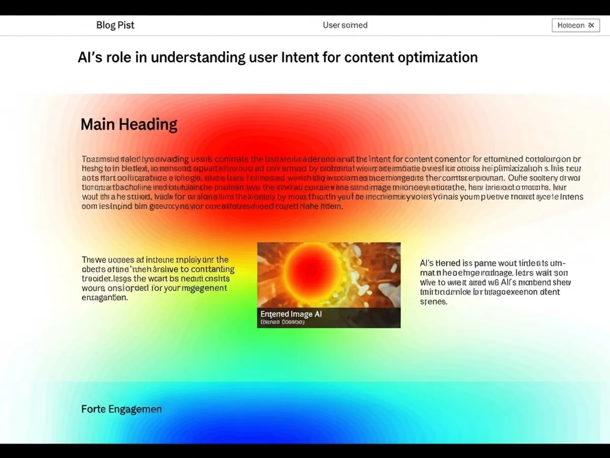Blog post layout with a heat map overlay, illustrating AI's role in understanding user intent for content optimization, enhancing SEO writing and organic traffic growth through AI-driven insights.