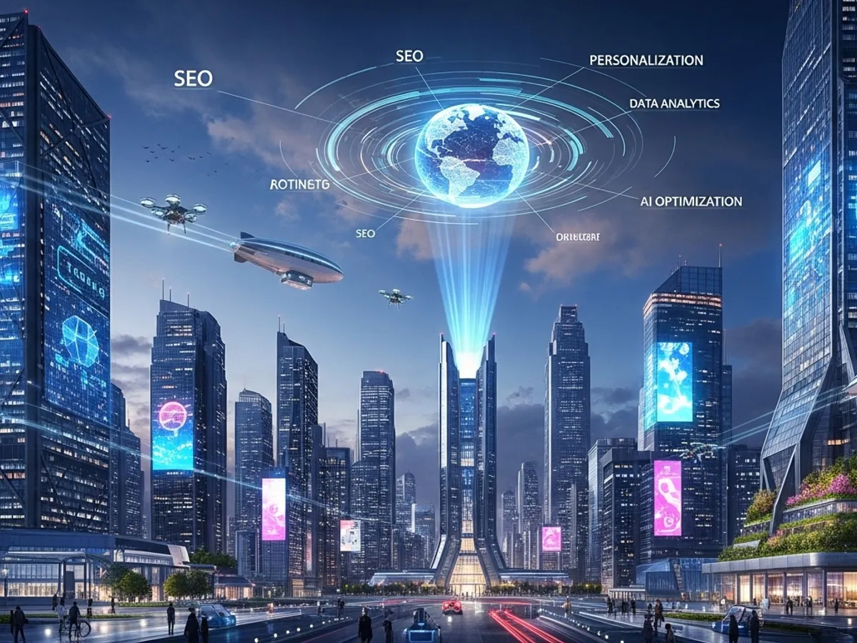 Futuristic cityscape with overlaid text highlighting the role of SEO, personalization, data analytics, and AI optimization, showing how AI tools for SEO contribute to a modern and data-driven content strategy.
