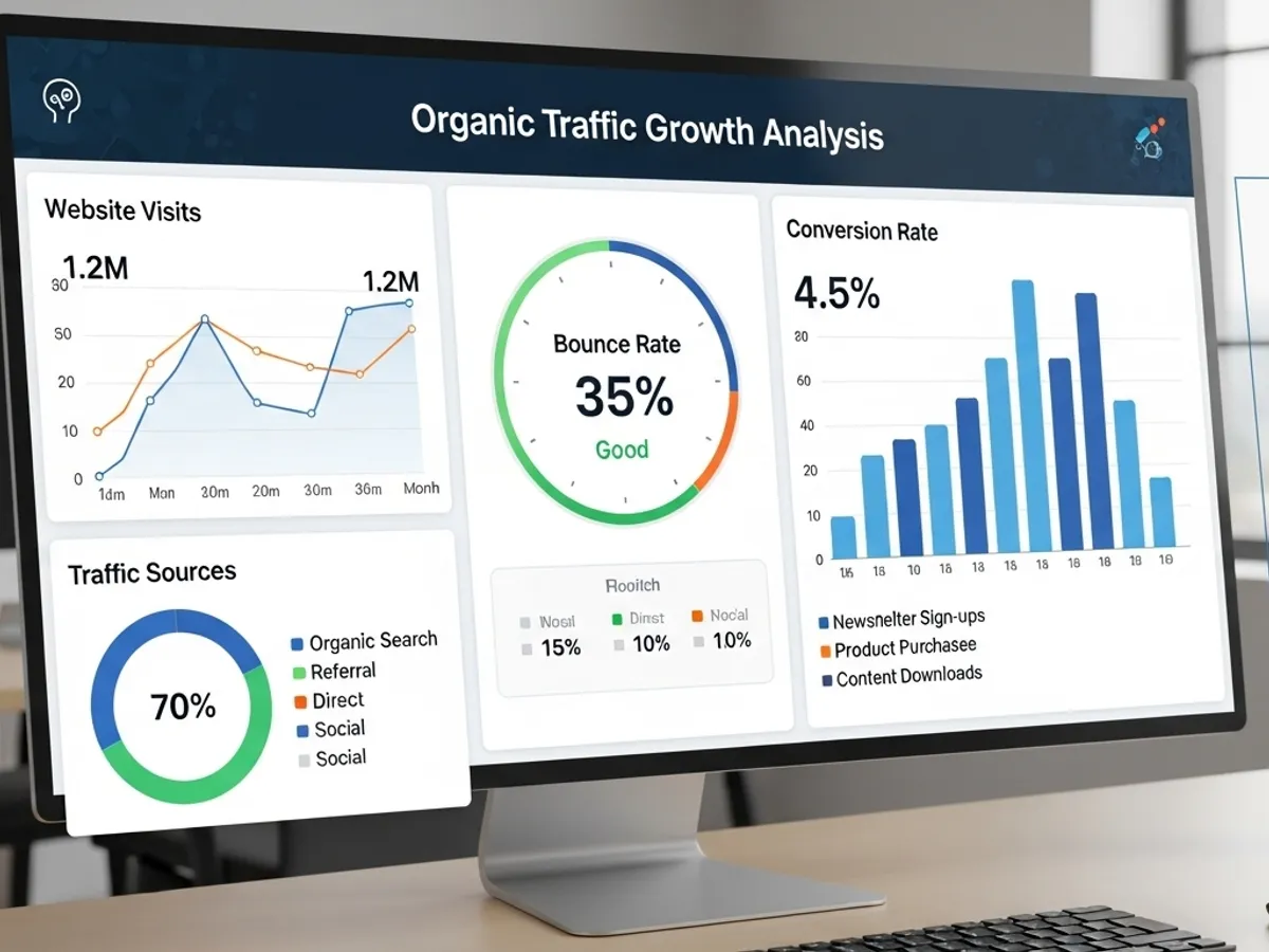 Dashboard displaying organic traffic growth analysis, including website visits, bounce rate, and traffic sources, highlighting the impact of AI content strategy on improving key SEO metrics.