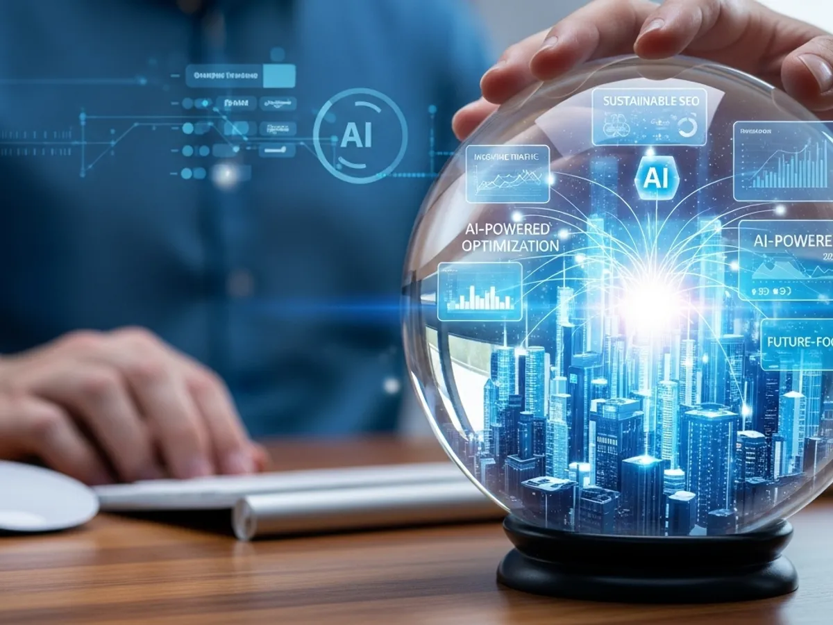 Conceptual image of a hand holding a crystal ball, visualizing AI-powered optimization and future-focused strategies for SEO, suggesting the transformative potential of AI in content marketing and organic traffic growth.