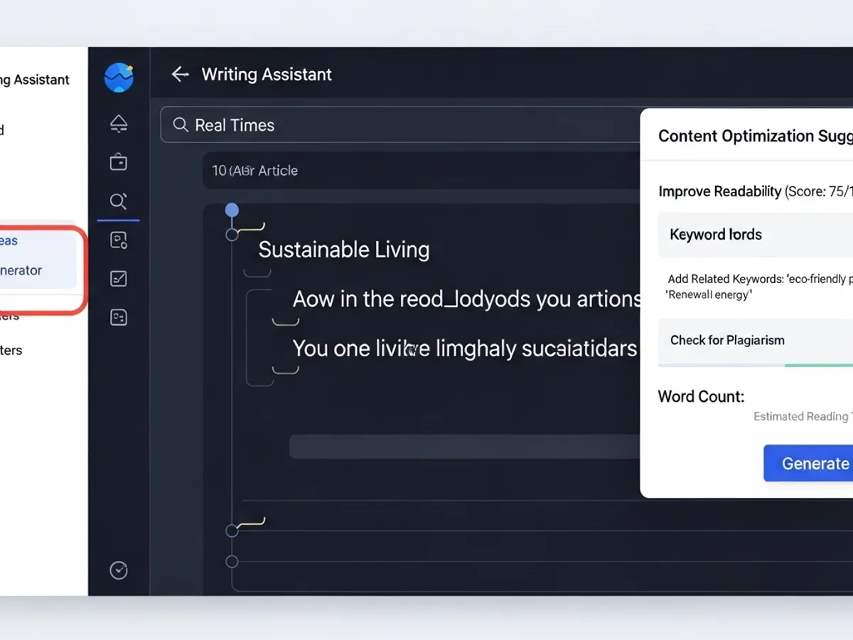 Screenshot of an AI writing assistant interface, highlighting content optimization suggestions for SEO content optimization, including readability improvements and keyword suggestions, showcasing AI's role in content creation.
