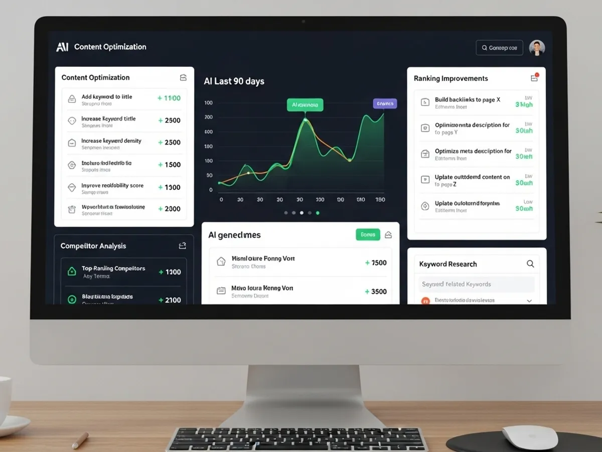 Screenshot of an AI content optimization dashboard, displaying ranking improvements and competitor analysis, illustrating how to improve SEO with AI driven insights and recommendations.