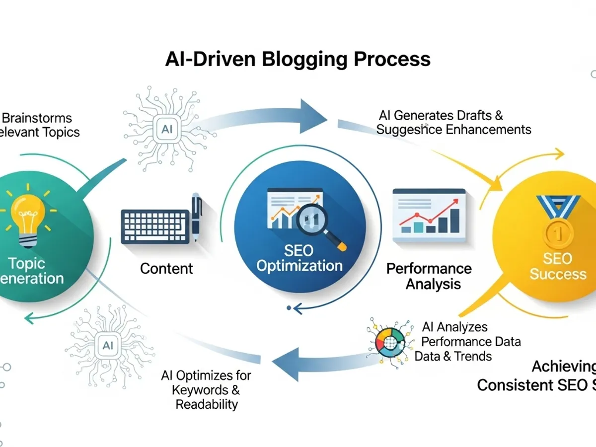 Diagram of an AI-driven blogging process, highlighting steps from topic generation to SEO success through content creation AI, optimization for keywords, readability, and performance analysis.