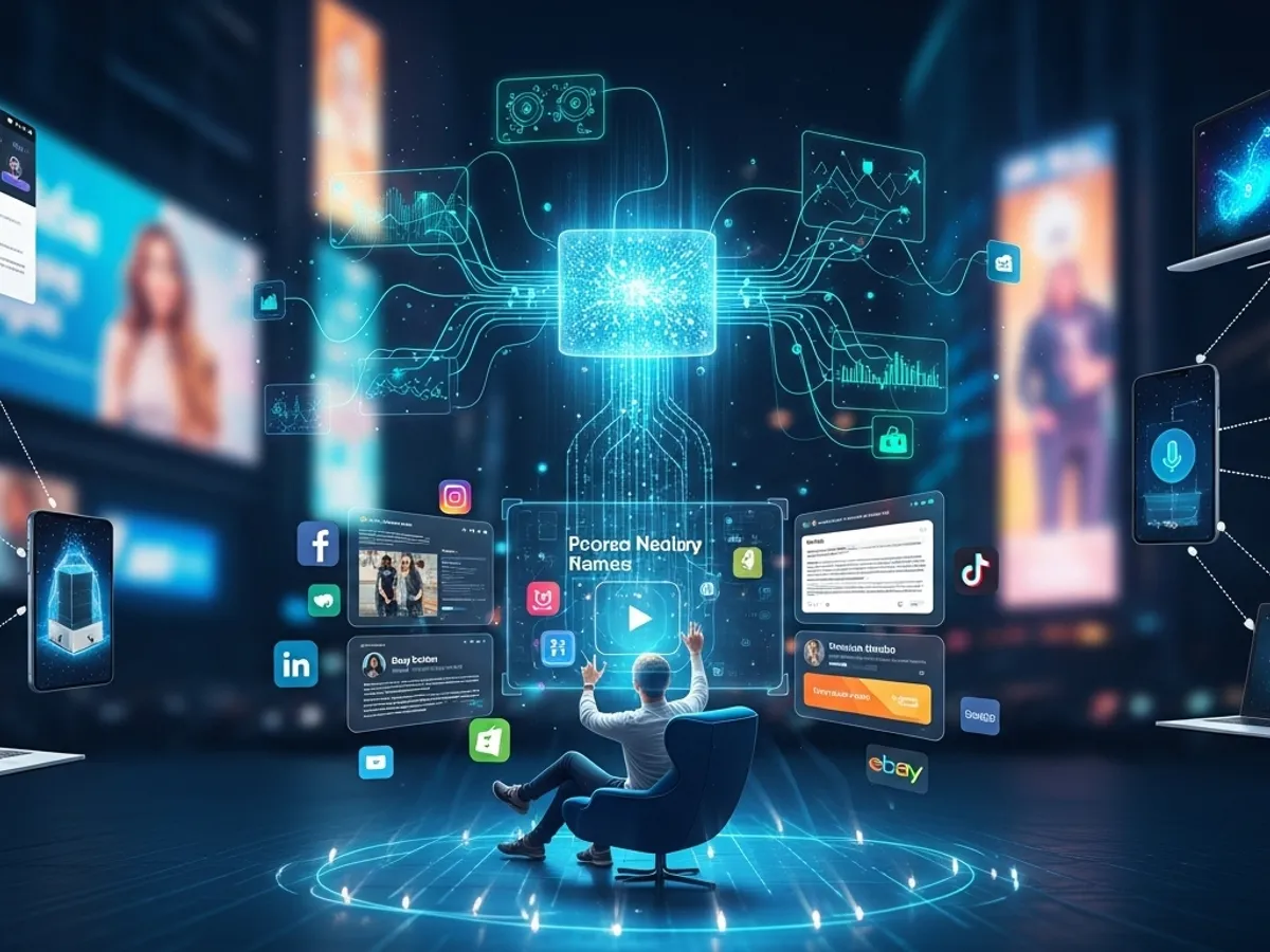 Abstract illustration of a person interacting with a network of interconnected devices and data points, representing AI's role in content marketing and powering personalized experiences.