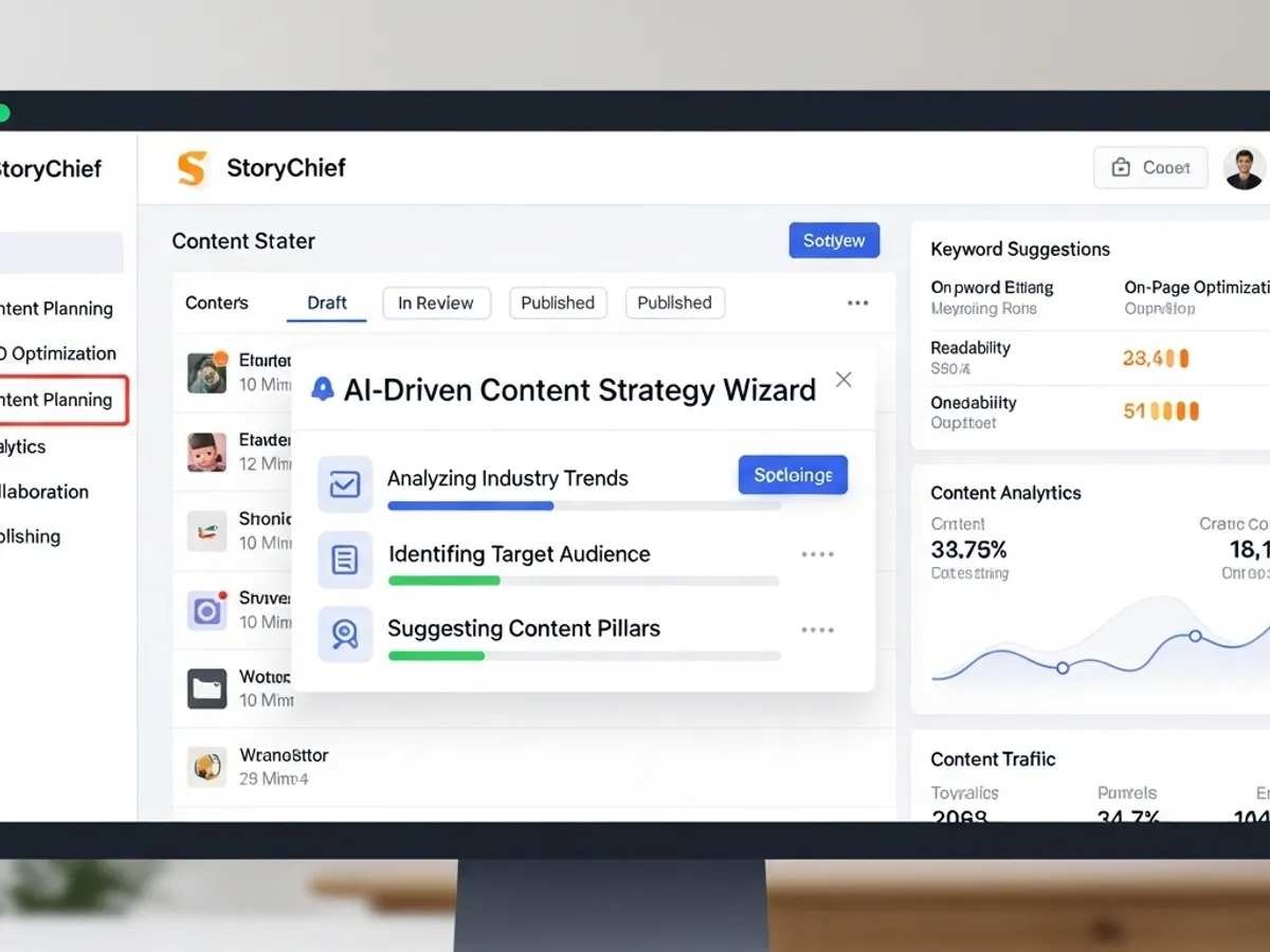 Screenshot of an AI-driven content strategy wizard, showcasing content planning features like analyzing industry trends, identifying target audiences, and suggesting content pillars, helping to rank higher with AI.