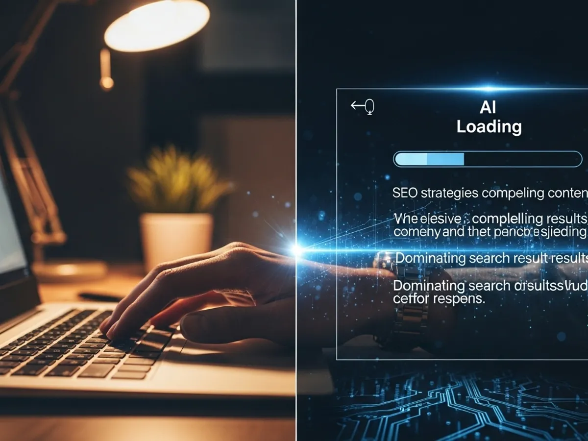 A person is typing on a laptop, representing the use of AI for SEO strategies to create compelling content and dominate search results, with a loading bar indicating AI content creation in progress.