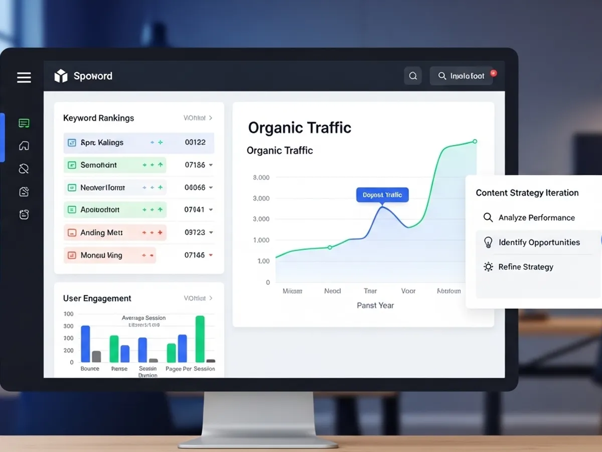 Screenshot of a dashboard displaying organic traffic growth and keyword rankings, highlighting the importance of content strategy iteration, performance analysis, and identifying opportunities for SEO strategies to enhance content marketing and increase organic traffic.