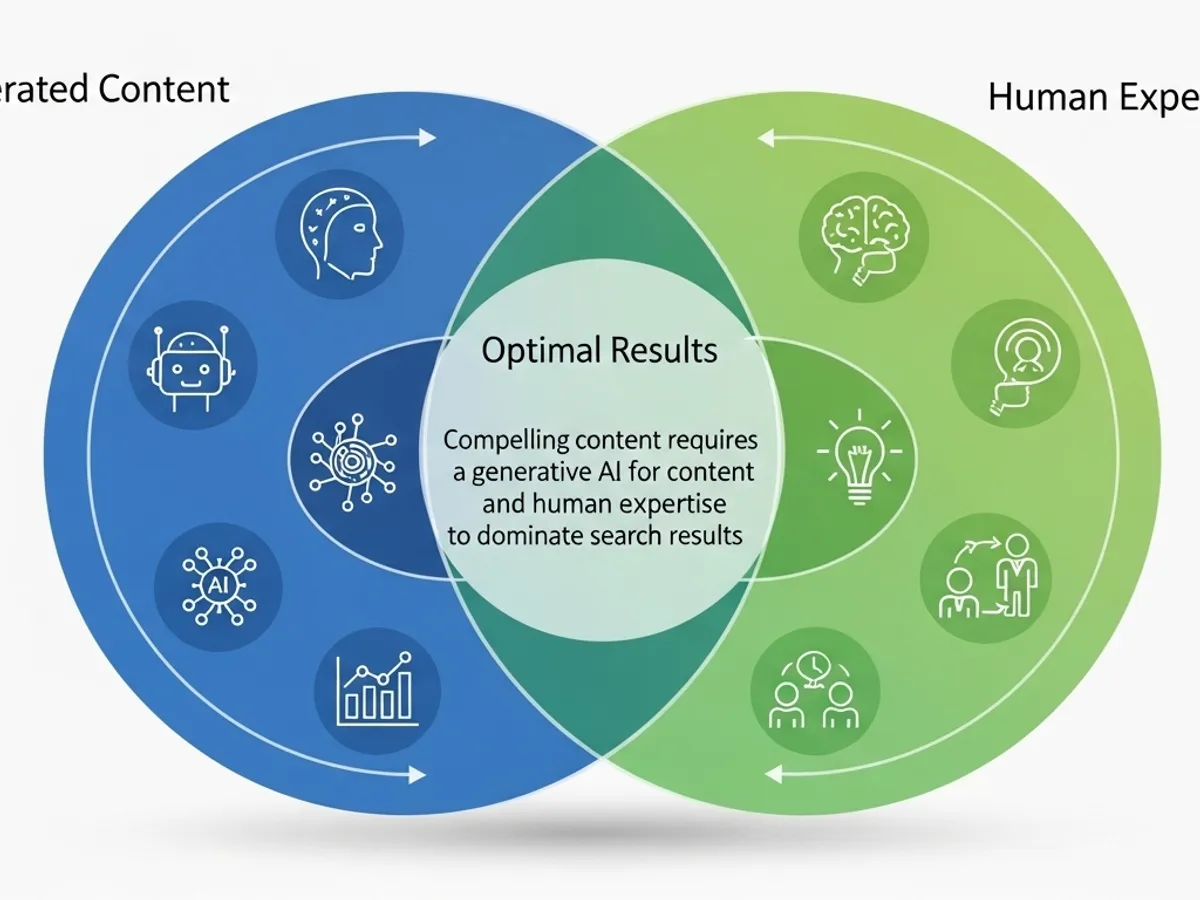 Venn diagram illustrating the convergence of AI-generated content and human expertise, highlighting the need for generative AI for content and human experience to create compelling content for optimal results and dominate search results.