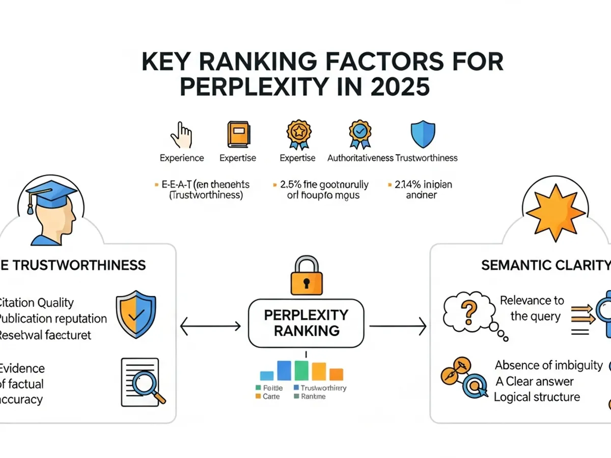 Infographic outlining key ranking factors for Perplexity in 2025, emphasizing Experience, Expertise, Authoritativeness, and Trustworthiness (E-E-A-T) alongside semantic clarity for Perplexity SEO.
