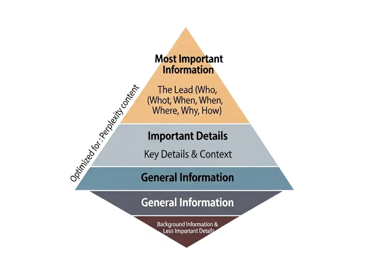 A pyramid diagram illustrating content structure for Perplexity, with the most important information at the top, emphasizing the lead (Who, What, When, Where, Why, How) and optimizing content for Perplexity.