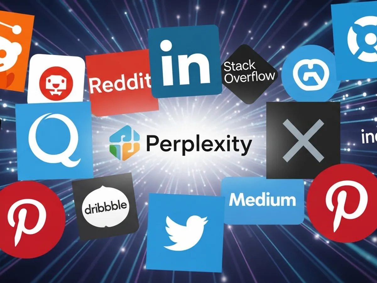 Collage of various social media and content platforms surrounding the Perplexity logo, symbolizing the breadth of content sources that contribute to Perplexity's AI search engine optimization.
