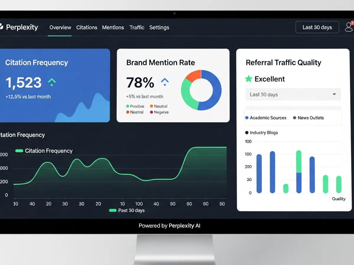 Screenshot of the Perplexity dashboard showing citation frequency, brand mention rate, and referral traffic quality, illustrating the platform's capabilities for monitoring Perplexity visibility and understanding Perplexity ranking factors.