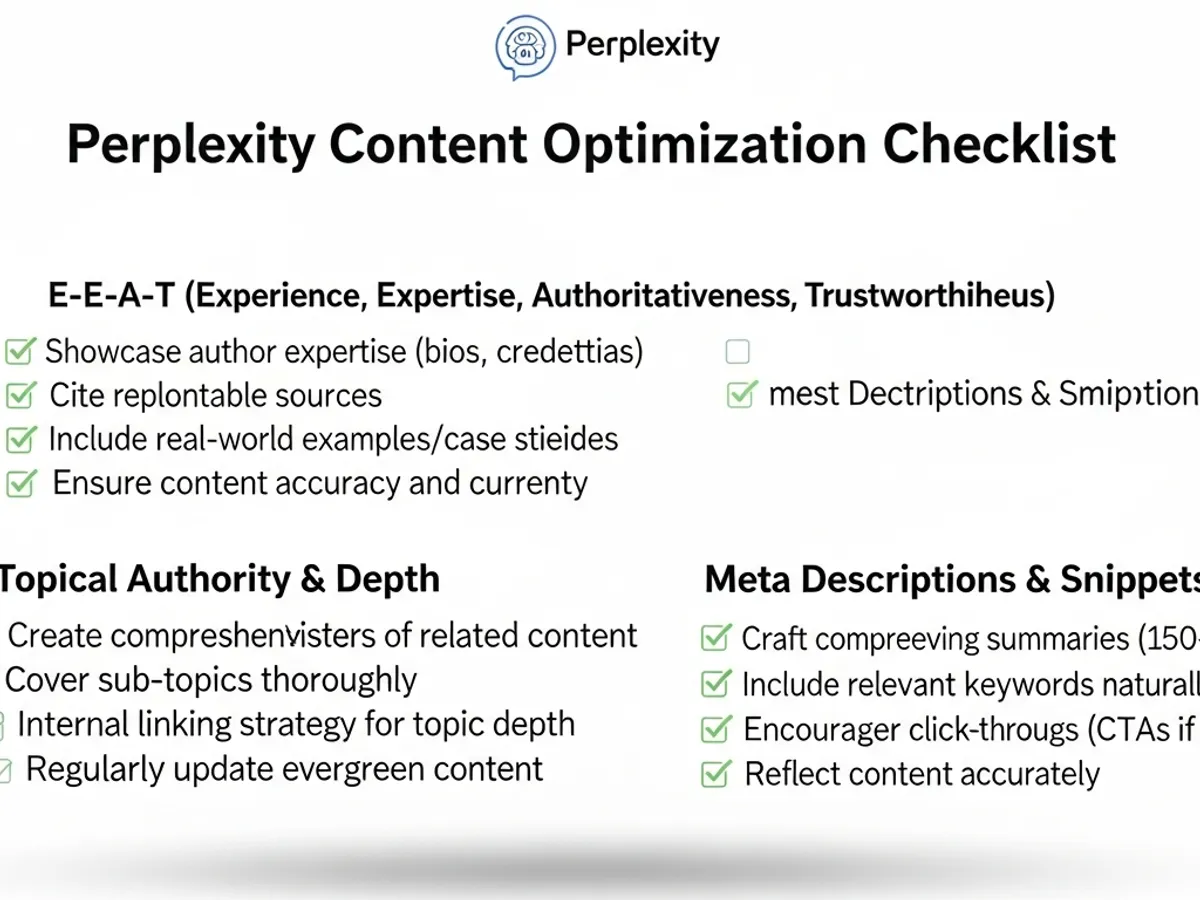 Perplexity Content Optimization Checklist, detailing key elements such as E-E-A-T, topical authority, and meta descriptions, to help optimize content for Perplexity and improve Perplexity SEO.