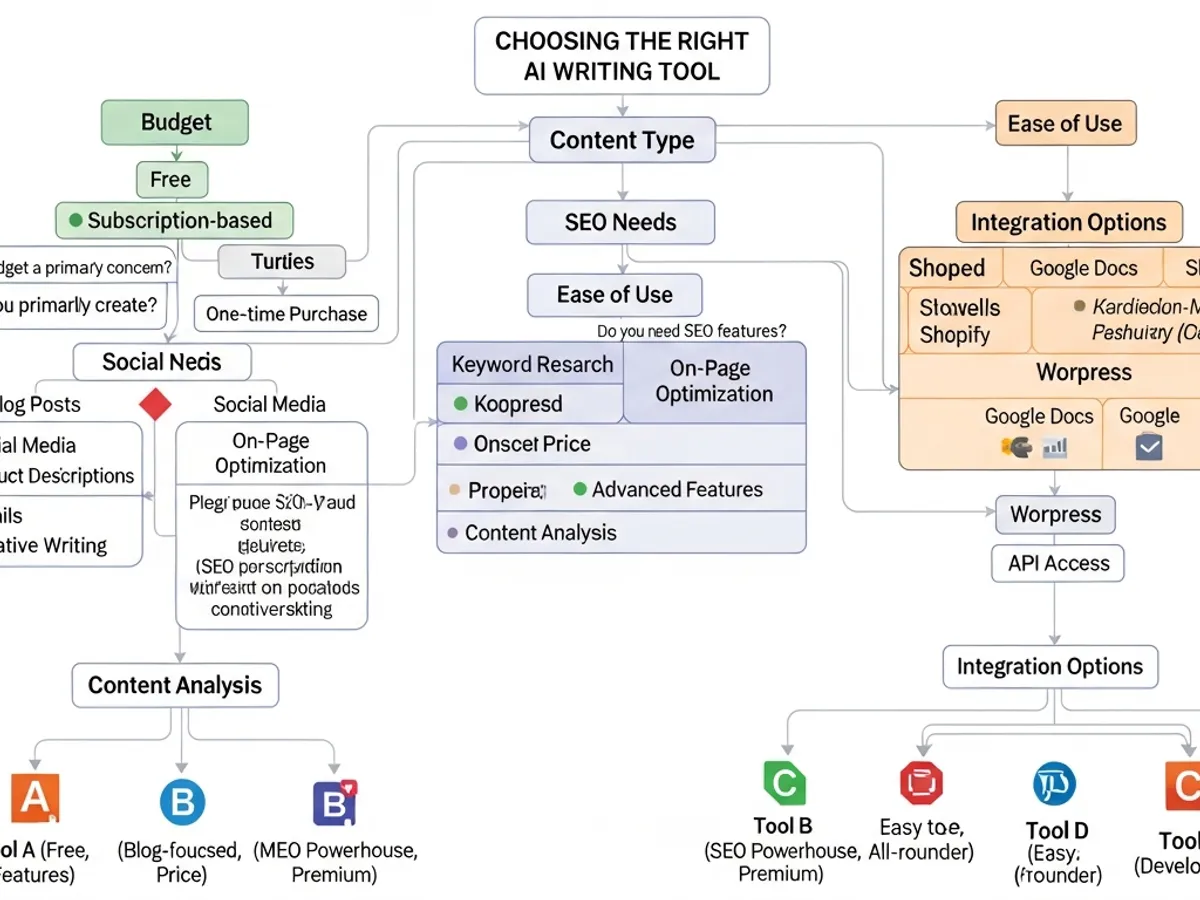 Flowchart outlining the process of choosing the right AI writing tool based on budget, content type, SEO needs, ease of use, and integration options, assisting users in selecting the best AI blogger for their needs.