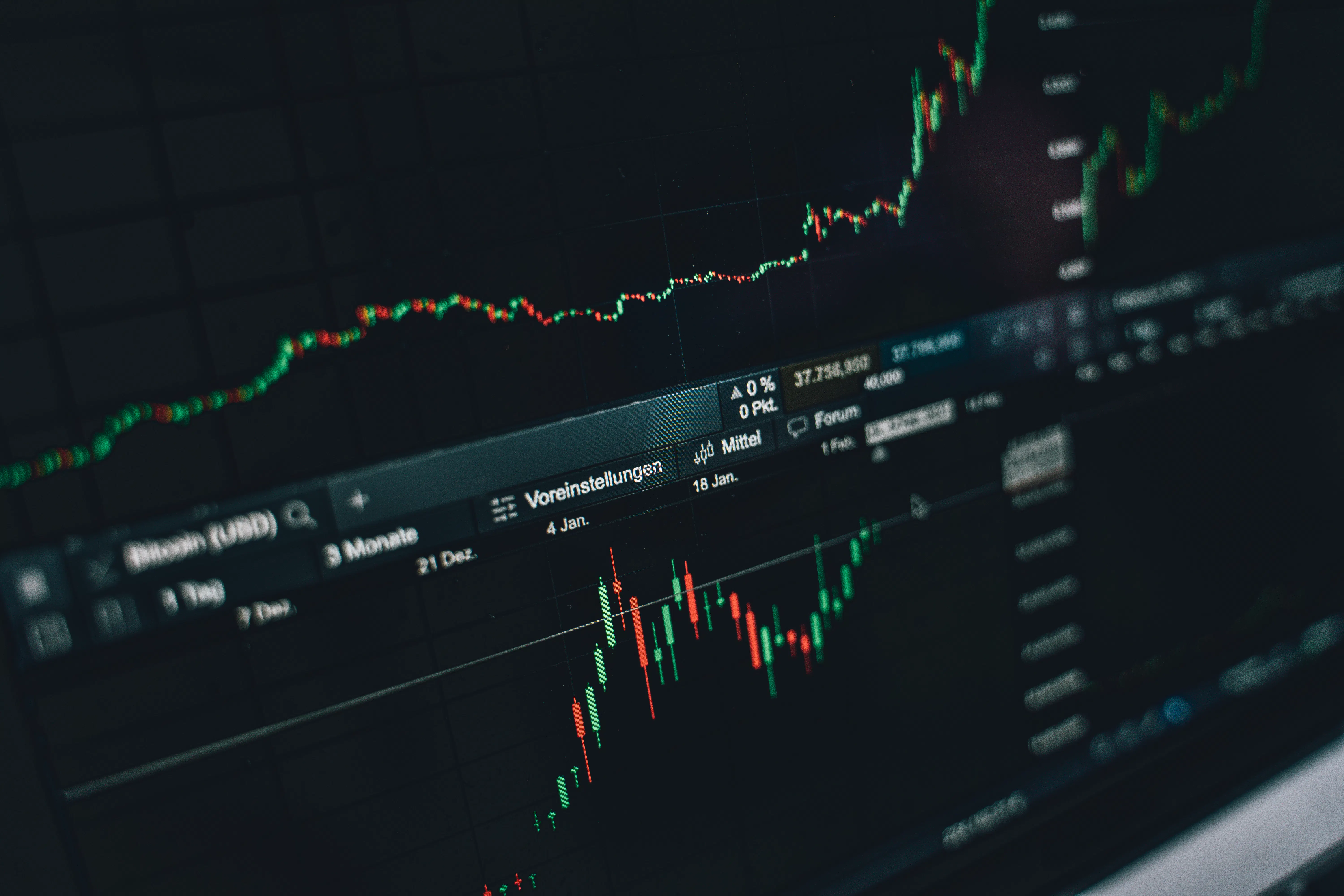 Close-up of a stock market chart on a computer screen, representing financial data analysis unrelated to AI SEO writer or blogging tips.