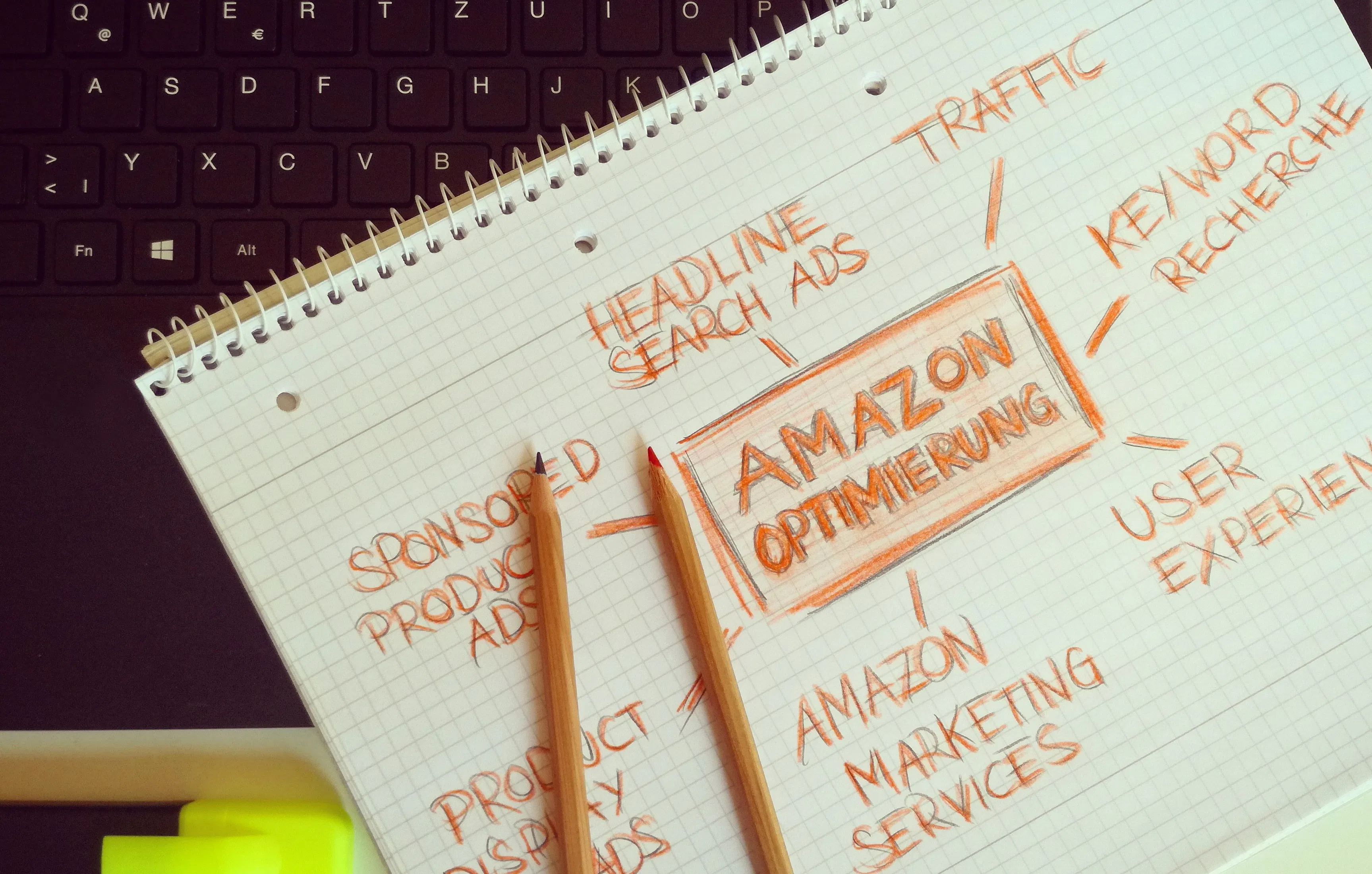 A notebook displaying a mind map about Amazon Optimization, including topics like traffic, keyword research, and marketing services, but not directly related to AI SEO writer or 2025 SEO trends.