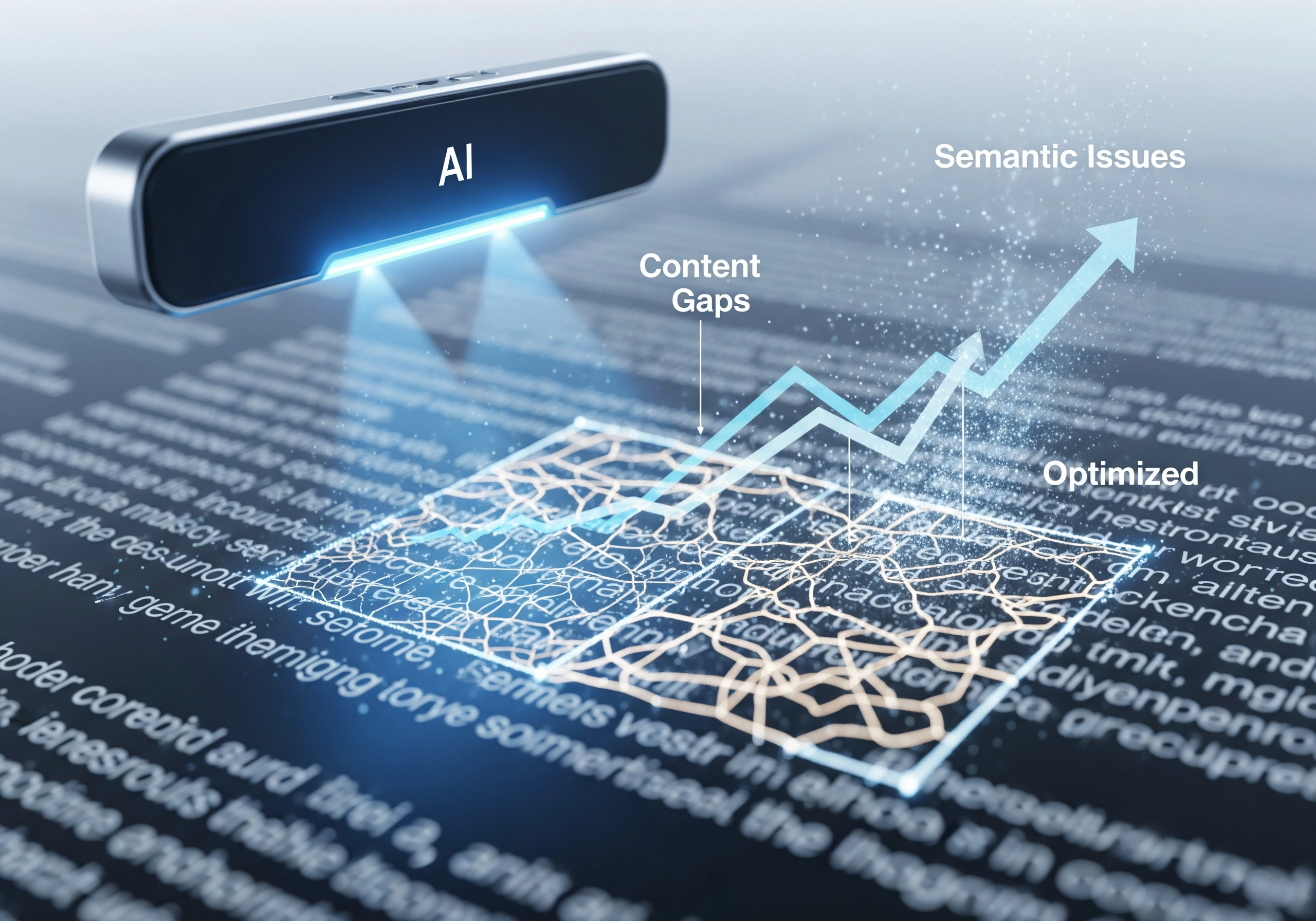 AI SEO writer analyzing content gaps and semantic issues, optimizing for search.