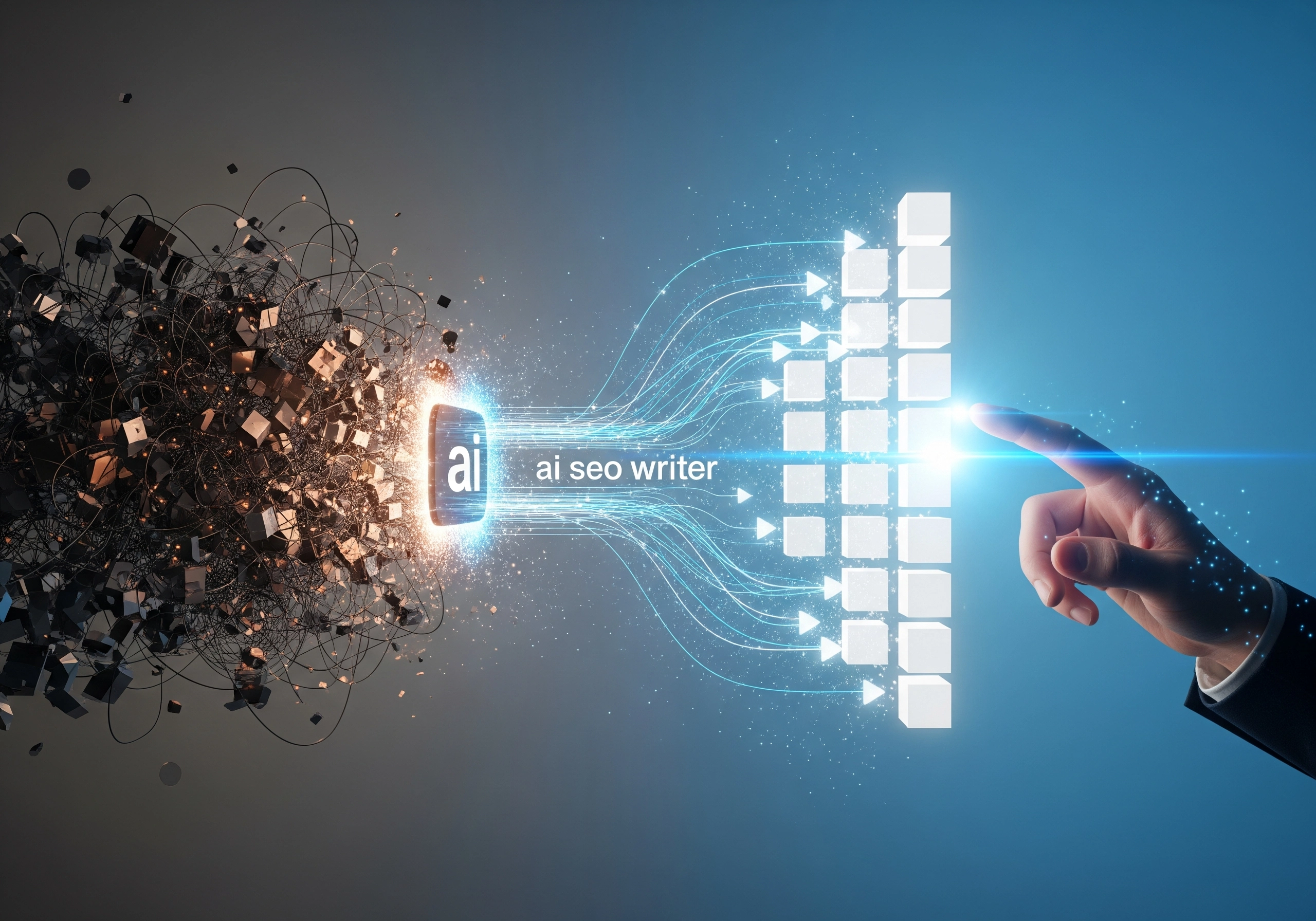 Hand activating AI SEO writer, transforming chaos into organized blocks.