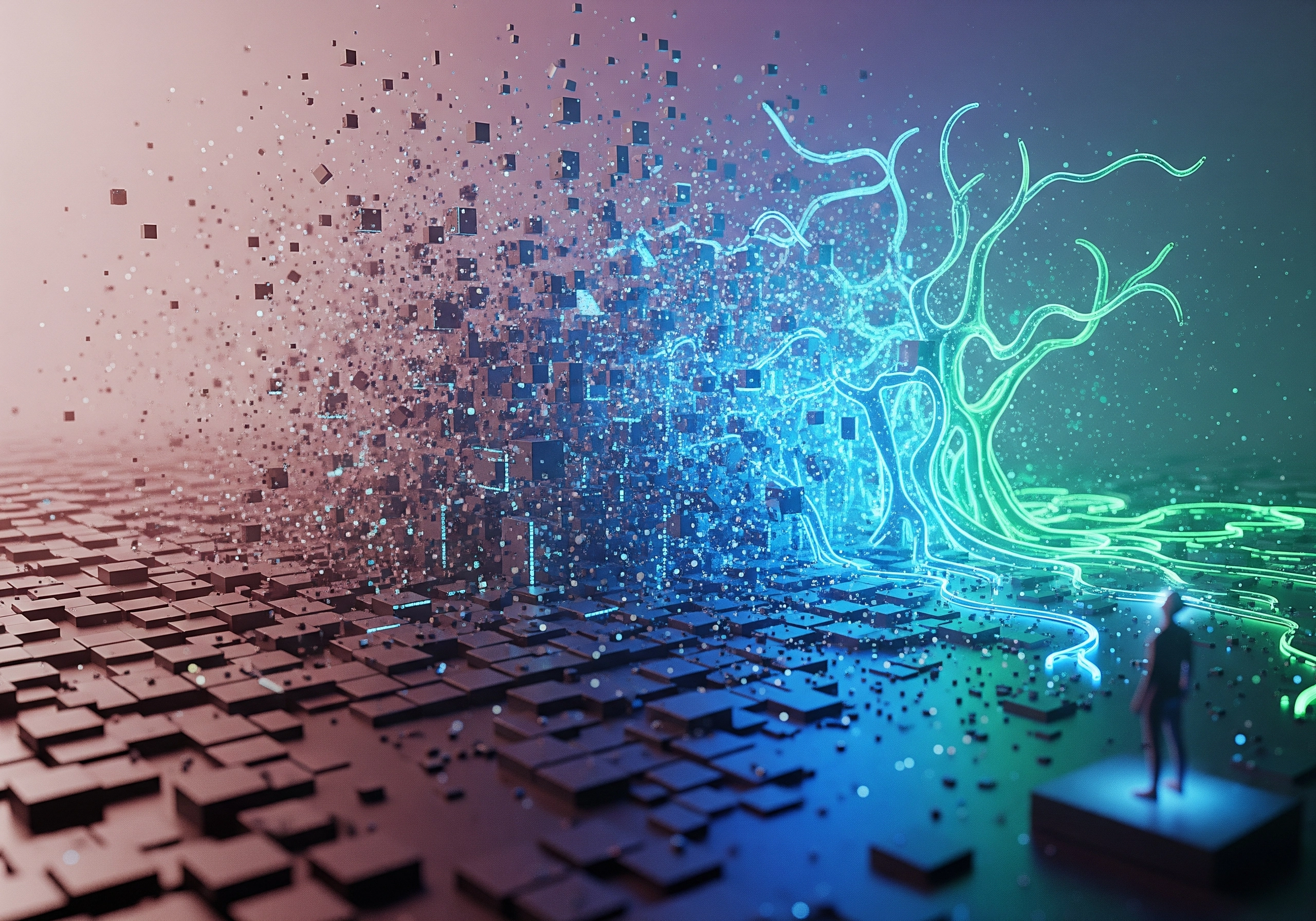 Abstract image of digital blocks dissolving into a glowing tree-like structure.