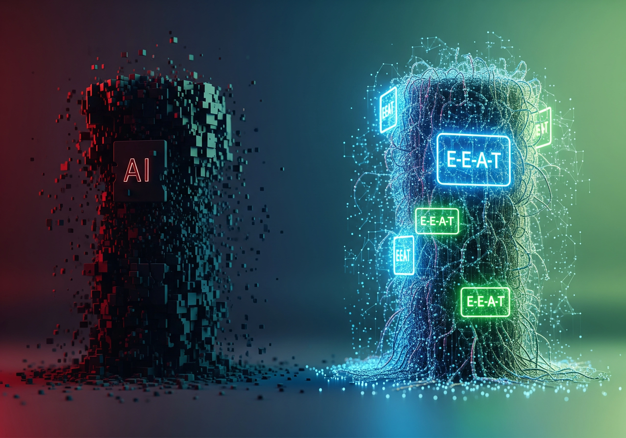 AI block dissolving next to E-E-A-T blocks for AI SEO content generation.