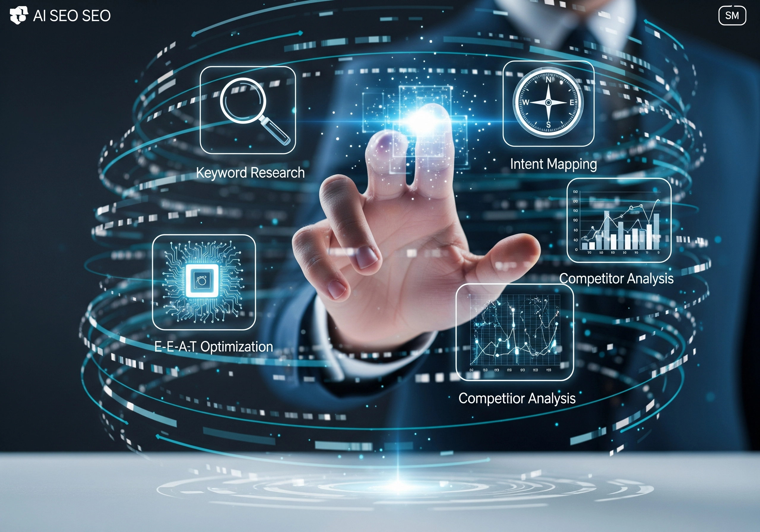 Hand interacting with holographic SEO elements: keyword research, intent mapping, competitor analysis, and E-E-A-T optimization.