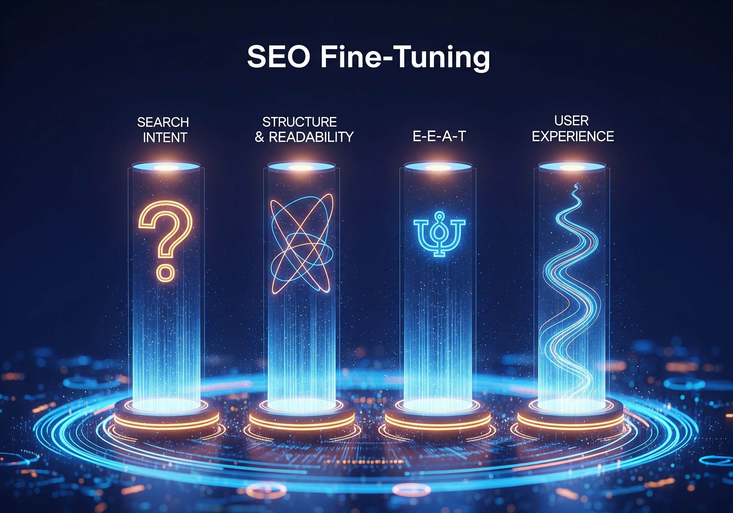 Abstract SEO Fine-Tuning concept with search intent, structure, E-E-A-T, and user experience pillars.