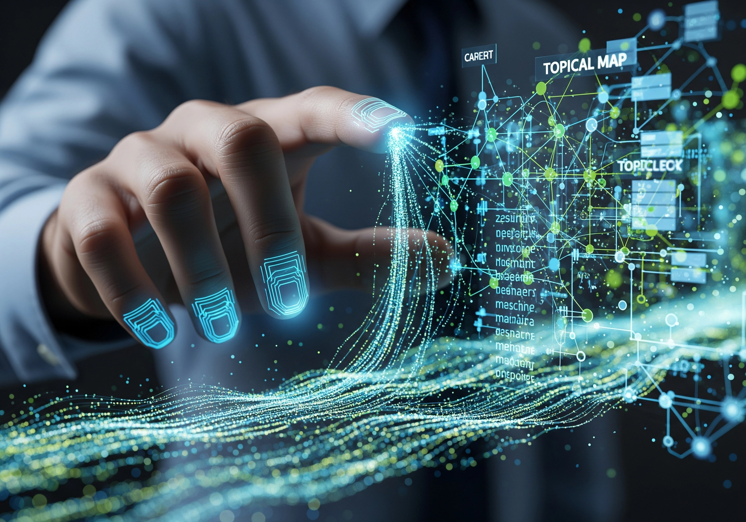 Hand interacting with a digital topical map for AI SEO content writing, showing interconnected topics.