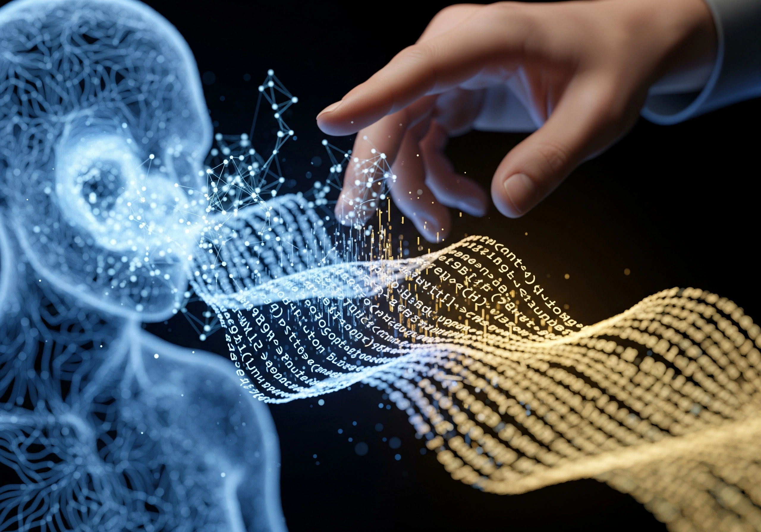 Hand manipulating digital data stream, visualizing AI SEO writing assistant.