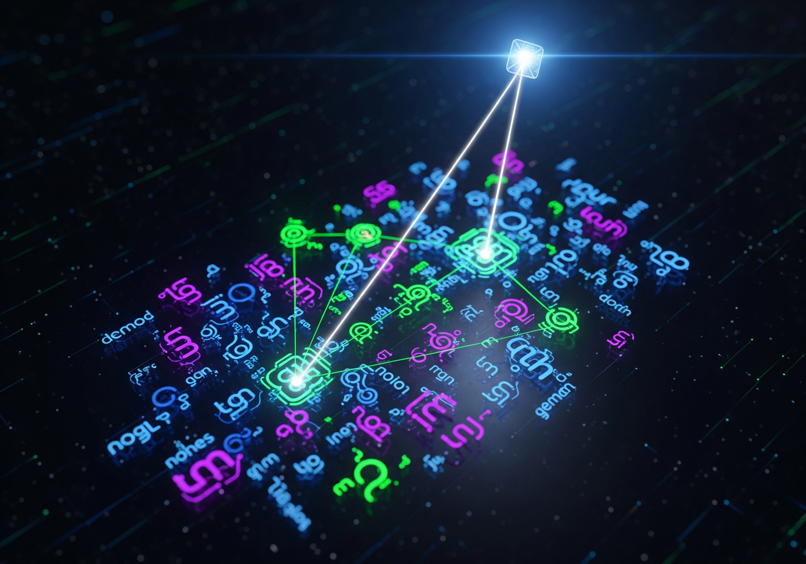 Abstract network of colorful text and glowing nodes, illustrating SEO blog writing.