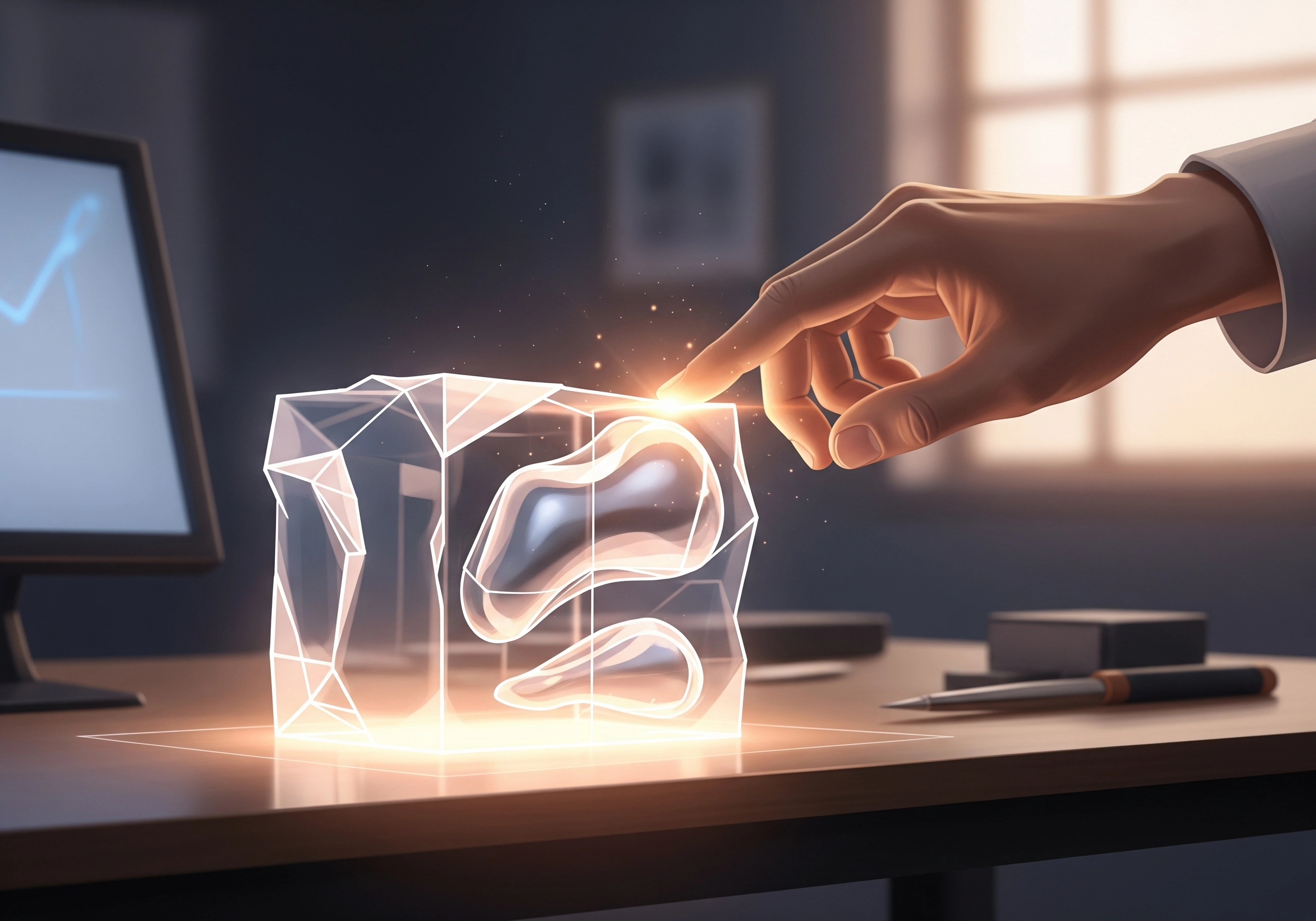 Hand touching a glowing geometric cube representing AI SEO content writing.